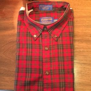 Men’s red plaid button down wool shirt