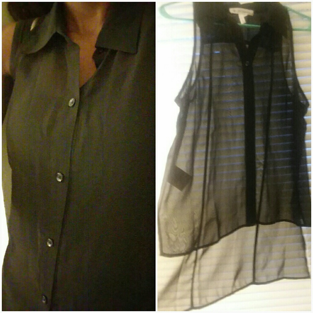 BCBGENERATION SHEER BUTTON DOWN SLEEVELESS SHIRT