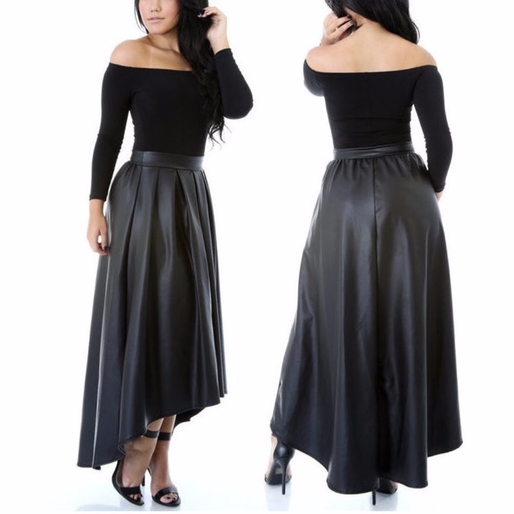 SALE ! Black Off Shoulder Faux Leather Hi Lo Dress