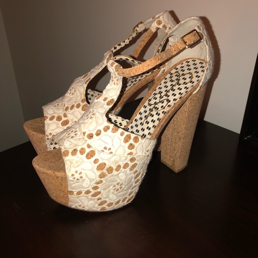 Cork and lace platform heels
