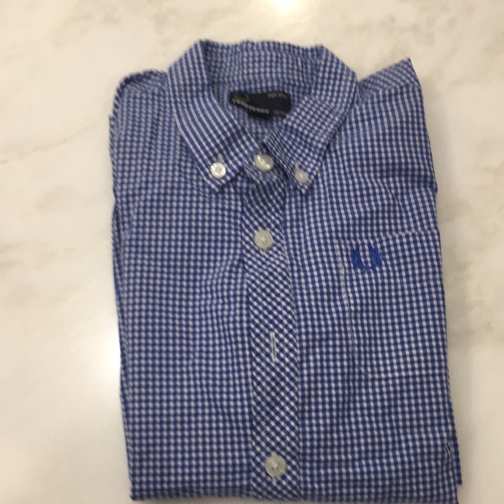 Fred Perry Boys Blue Gingham Button Down Dress Shirt-Size 7/8