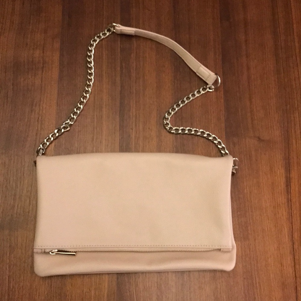 Blush pink clutch with chain link strap