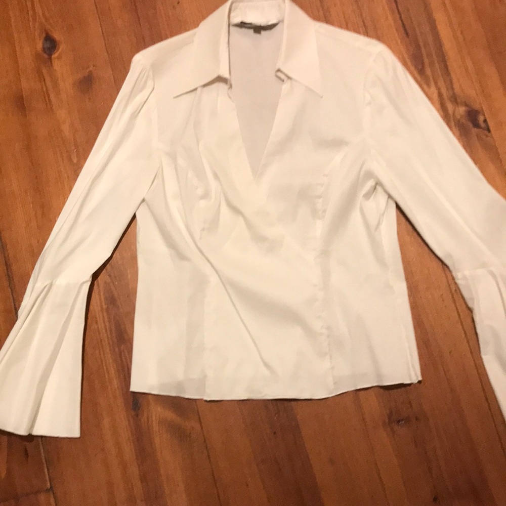 Trina Turk white blouse wrap style bell sleeves
