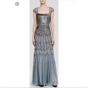 Adrianna Papell Cap Sleeve Beaded Blue Gown Dress