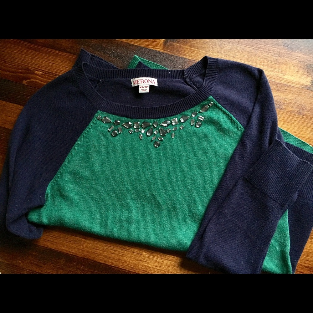 Green & Navy Sweater with Jeweled Neckline