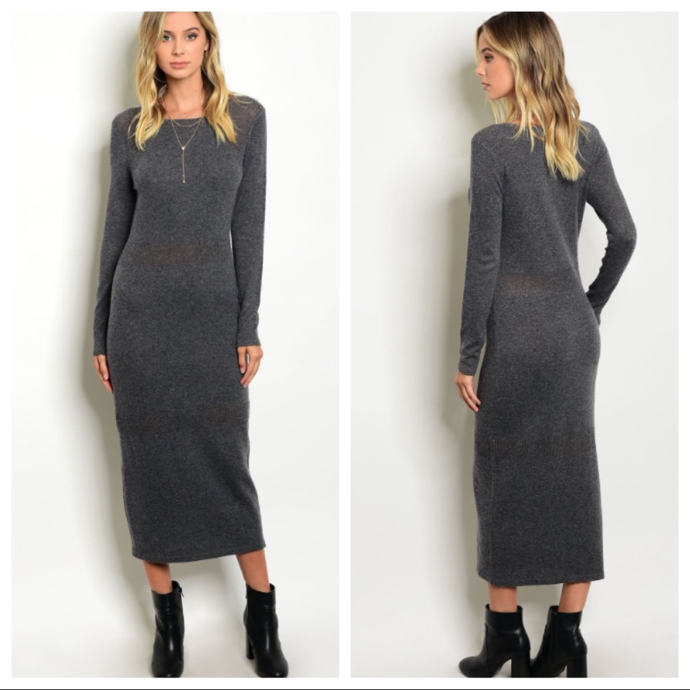 Long Sleeve Charcoal Knit Sweater Dress