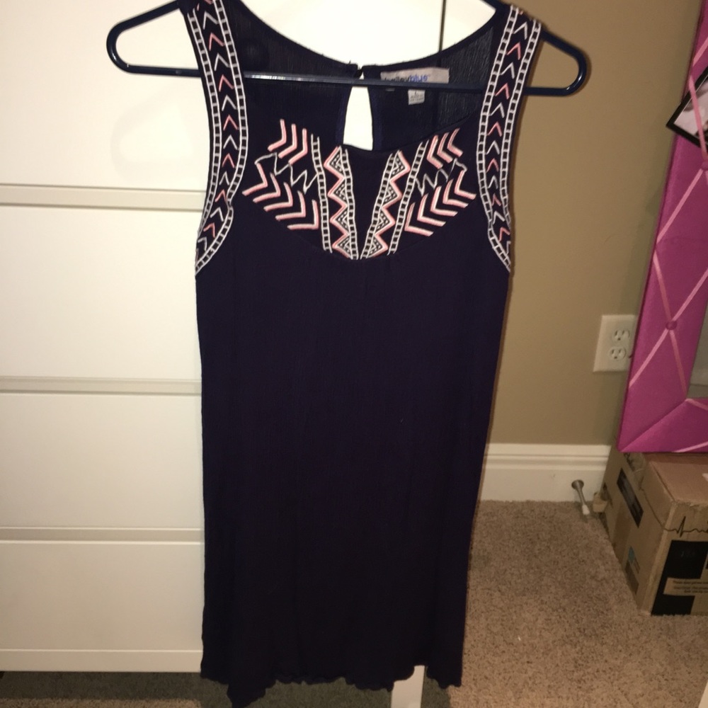 Blue dress w pink and white threads