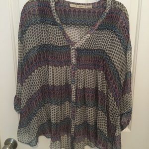 Blue purple design silk blouse - medium