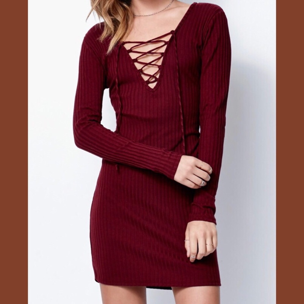 Kendall and Kylie Burgundy Lace Up Skater Dress
