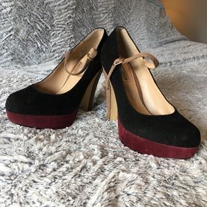 Black and burgundy suede platform heels