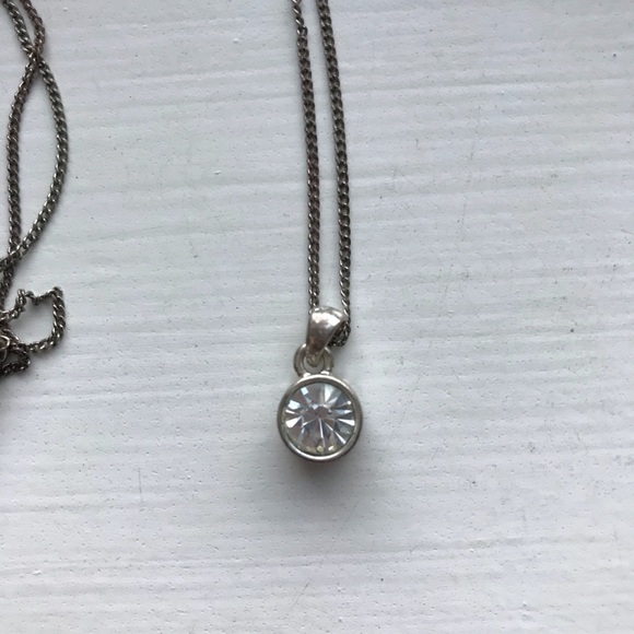 Bezel set silver faux solitaire diamond necklace - Picture 2 of 7