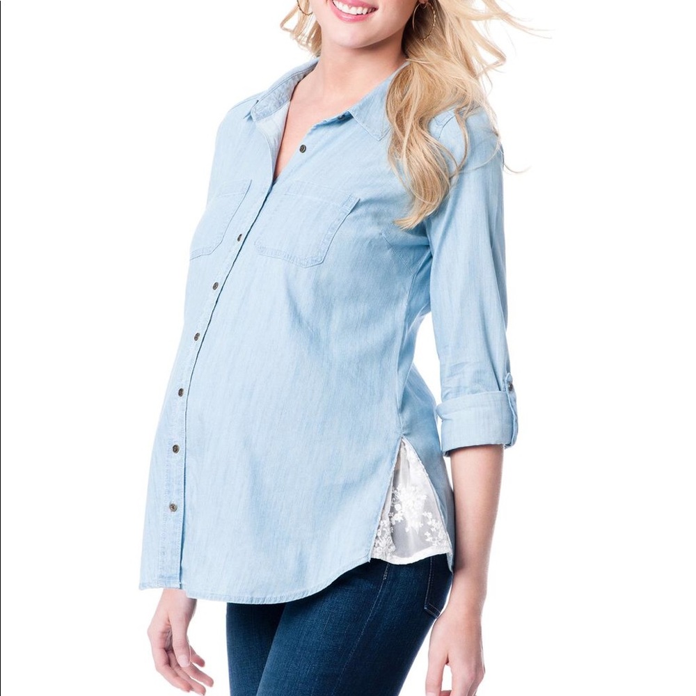 Motherhood Button Up Lace Trim Maternity Top