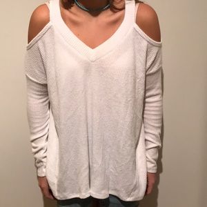 white shoulder cut out sweater
