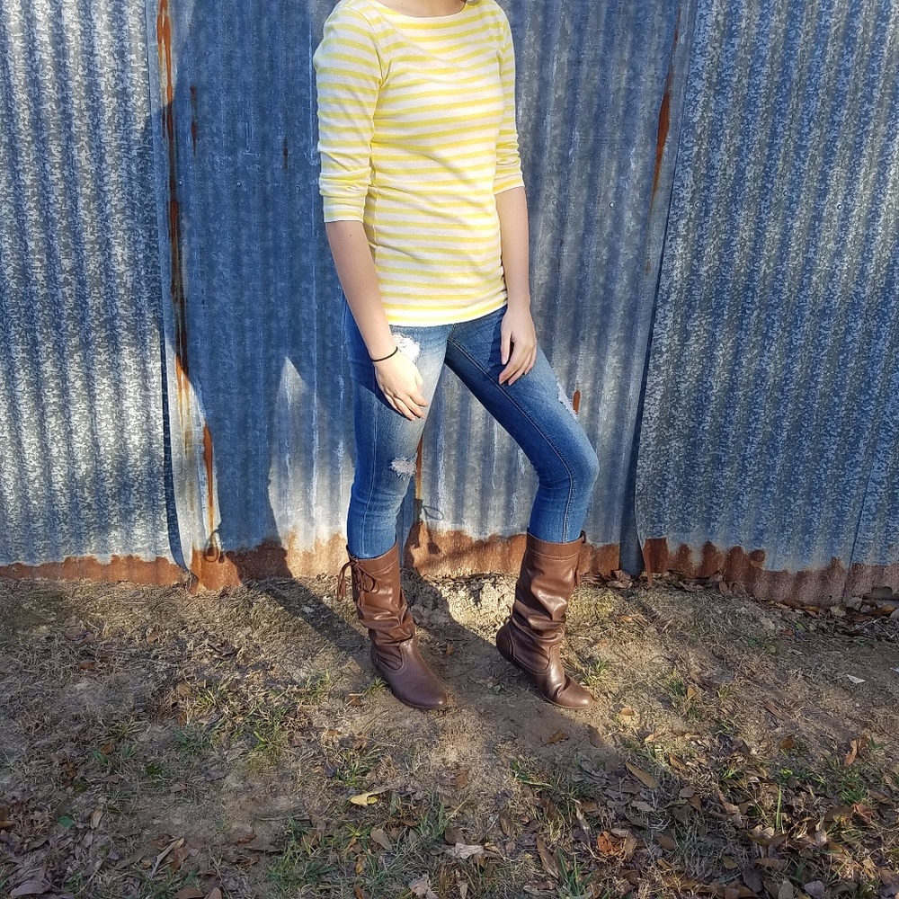 J Crew Yellow STRIPED BOATNECK TEE Sz XS - Picture 3 of 5