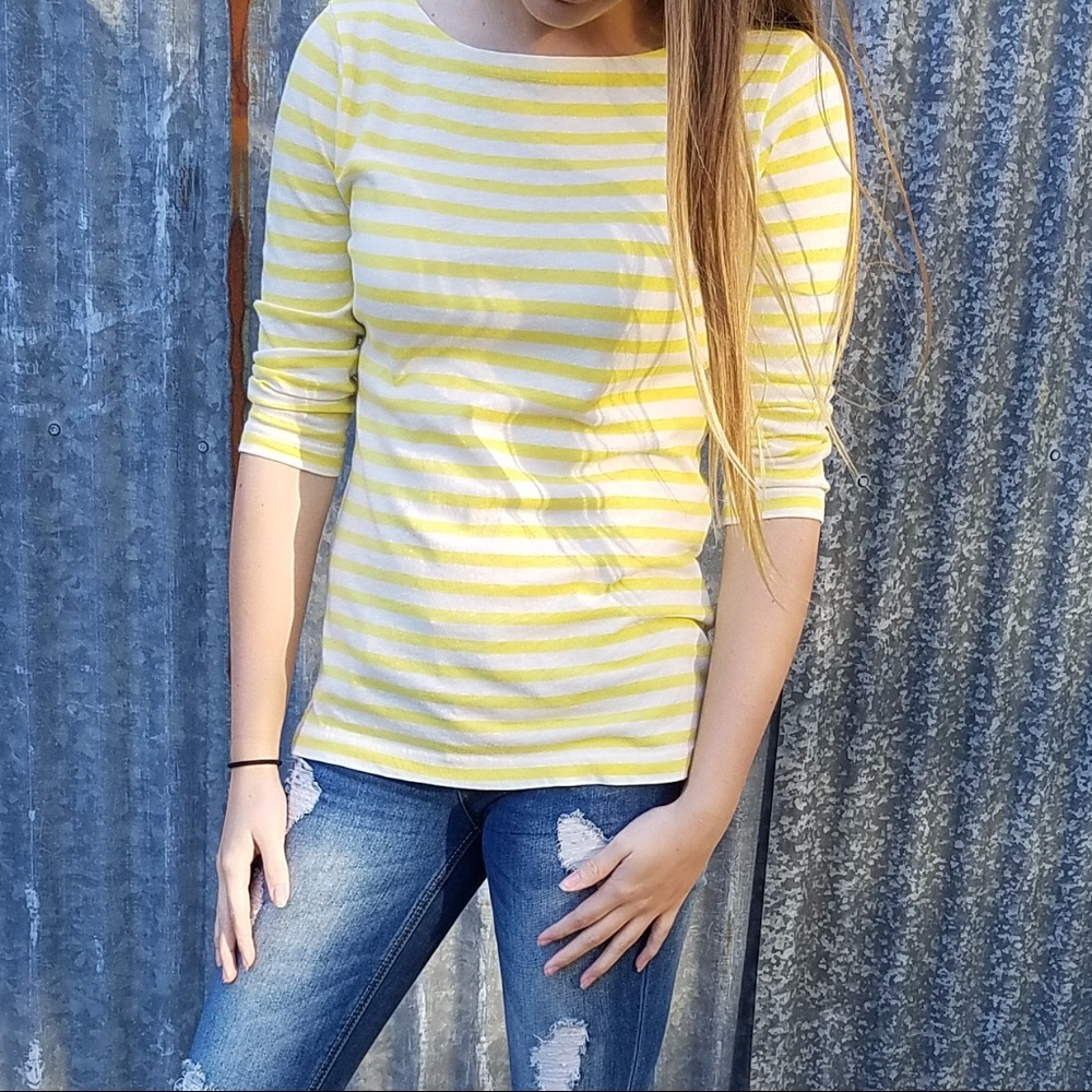 J Crew Yellow STRIPED BOATNECK TEE Sz XS - Picture 1 of 5
