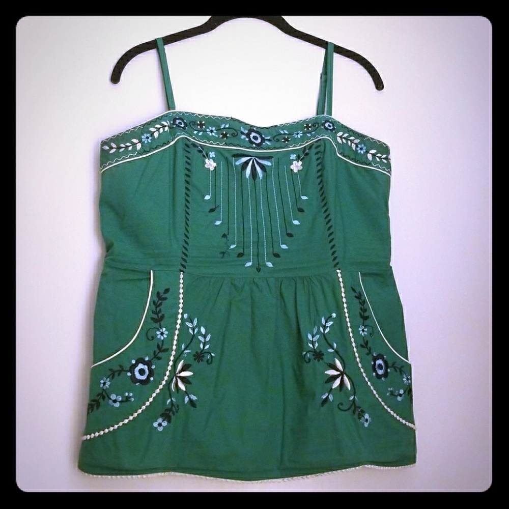 Green Anthropologie top with embroidery