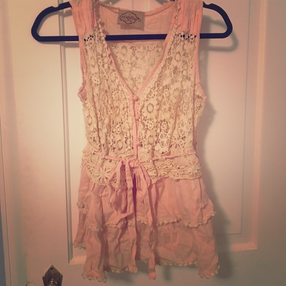 Blush crochet top with bow and ruffle detail S