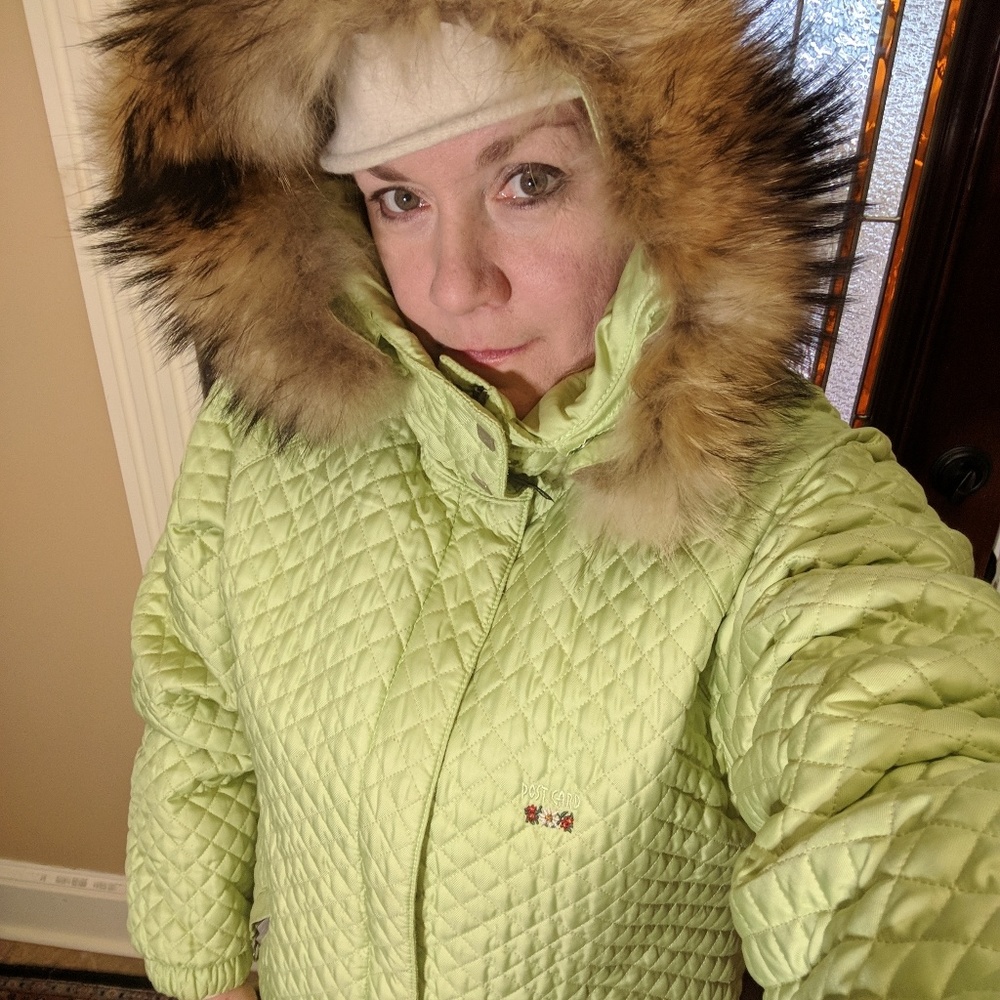 Pale green post card parka fir lined hood