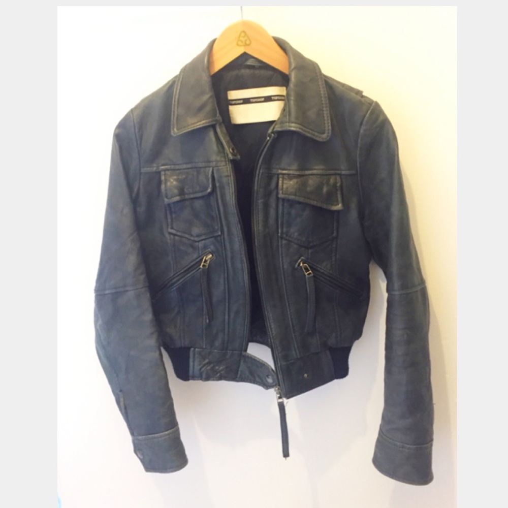 Topshop Blue Distressed Leather Biker Jacket S
