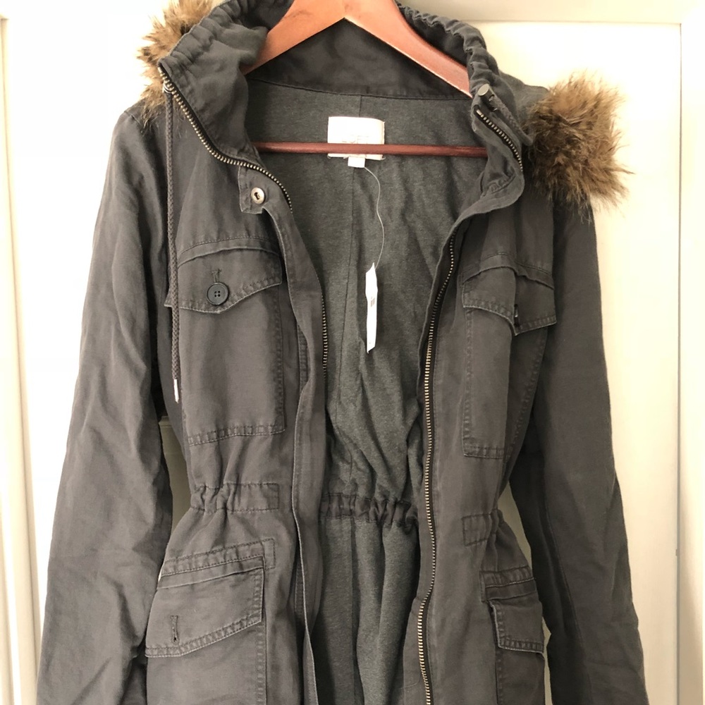 LOFT “Broken Twill” anorak w/ detachable fur hood