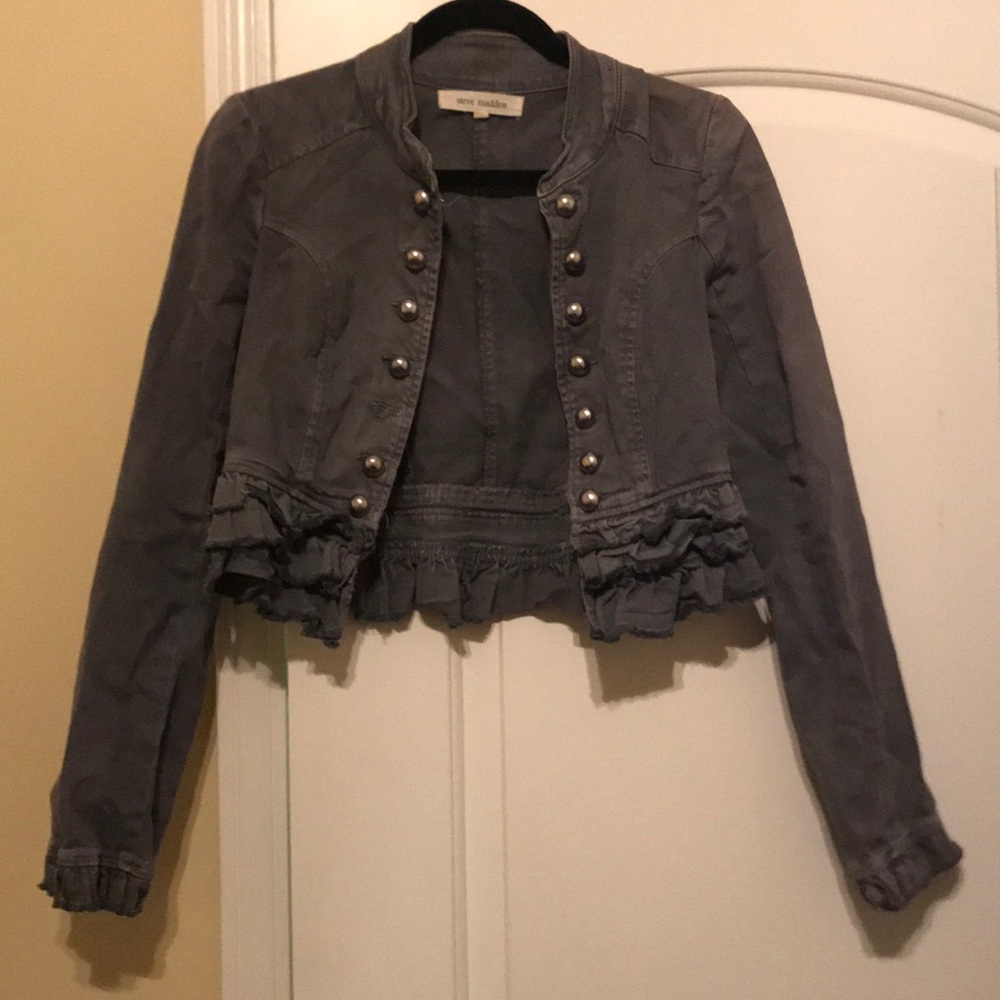 Steve Madden denim style grey jacket with ruffle