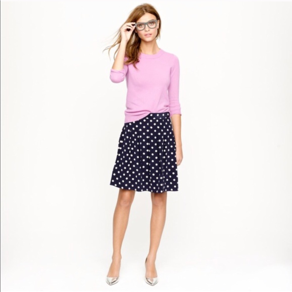 Navy J Crew Pleated Polka Dot Skirt