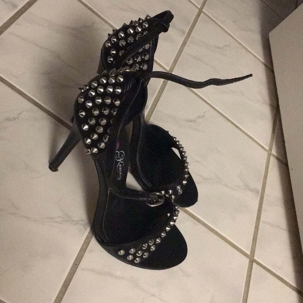 BOGO50%: Black studded heel sandals ankle tie