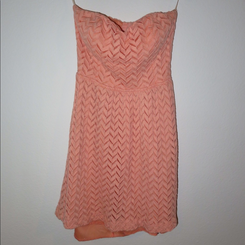 Strapless peach knit design mini dress - medium