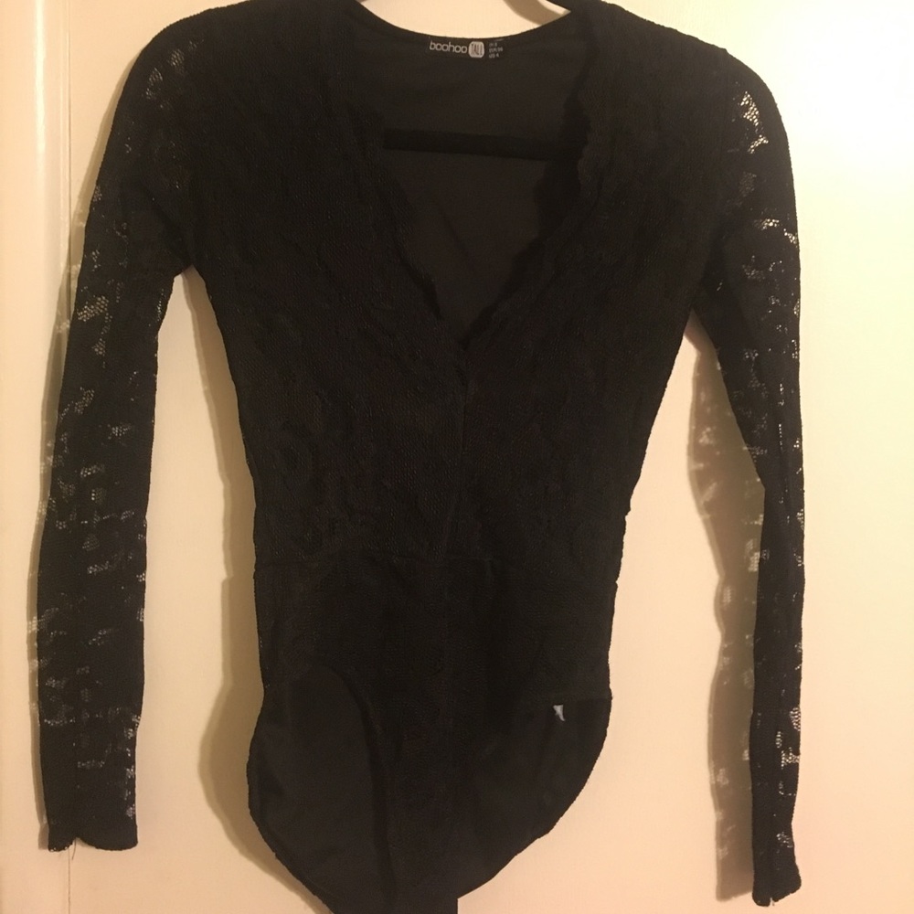 Black lace long sleeve bodysuit.