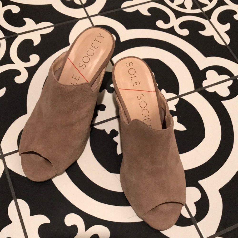 Tan leather slide wedge sandals