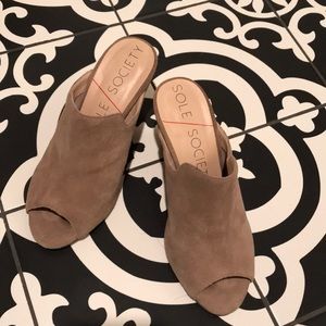 Tan leather slide wedge sandals