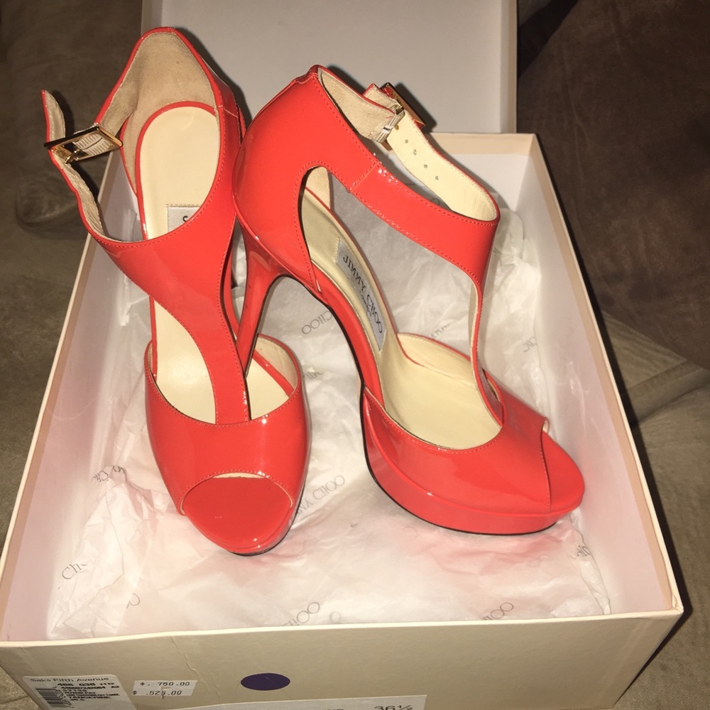 Jimmy Choo tangerine totem patent lather heels