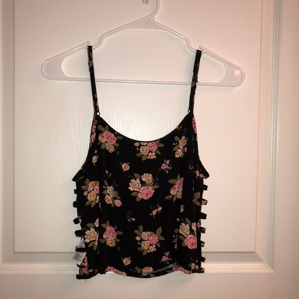 Black floral print croptop cami with side cutouts