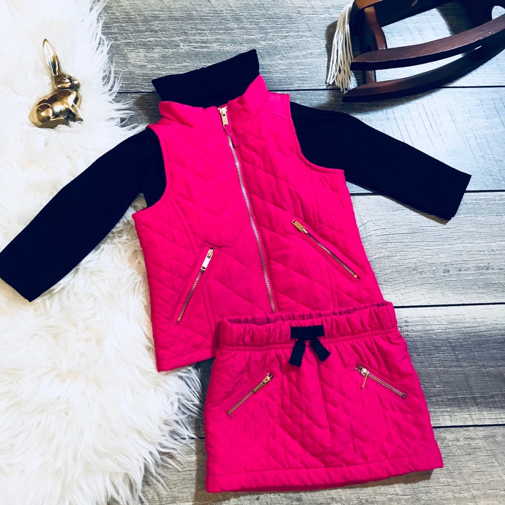 Fuchsia Pink Quilted Vest Skirt w Black Turtleneck