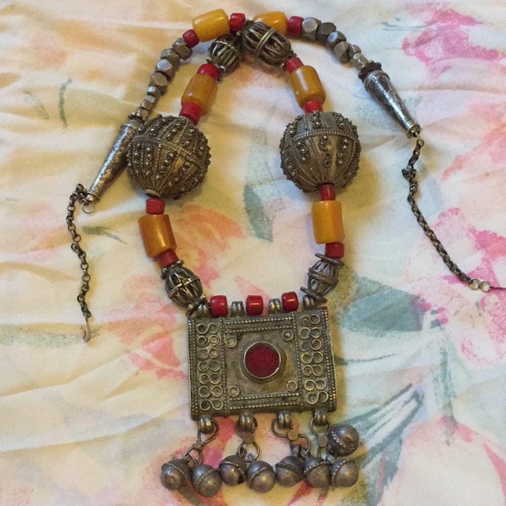 Bedouin Coral, Amber & Sterling Silver Necklace