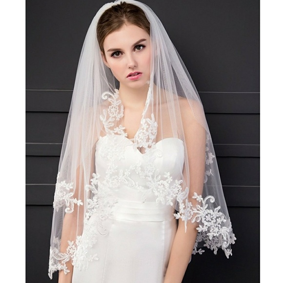 Lace 2 tier wedding veil mid length