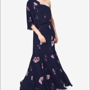 Fame and Partners one-shoulder floor length dress