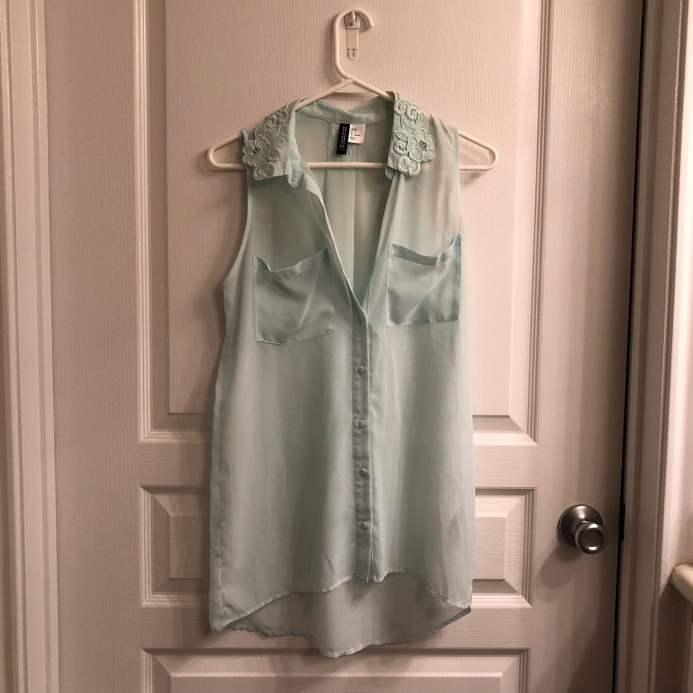 Sheer light teal collared top