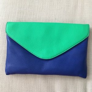 J.Crew blue and green genuine leather clutch.
