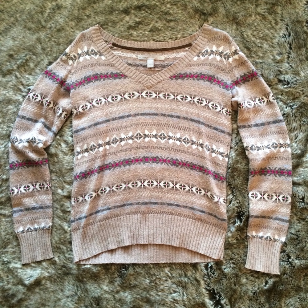 Old Navy V-neck Tan Fair Isle Sweater