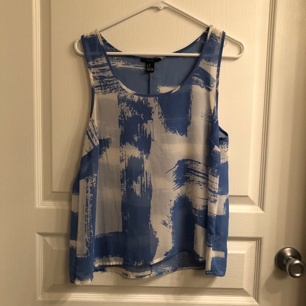 Sheer blue and white brush stroke tank