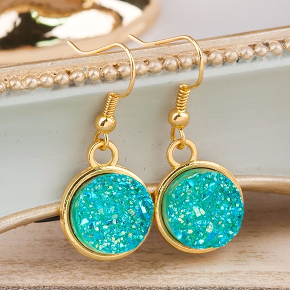 Earrings. Dangle Drusy Turquoise - Picture 2 of 3