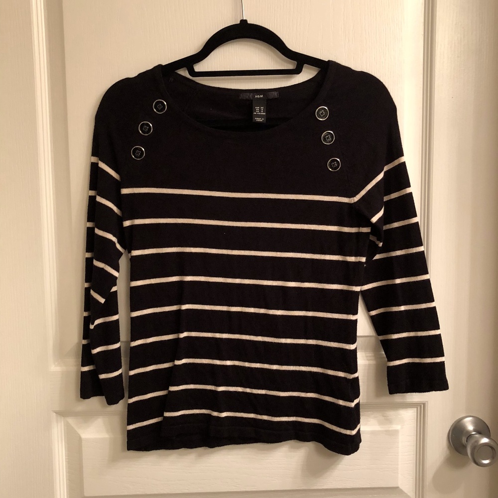 Black and white striped sweater with button detail