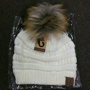 NWT CC Fur Ball Beanie Hat Ivory