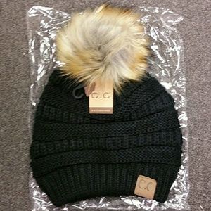 NWT CC Fur Ball Beanie Hat Black