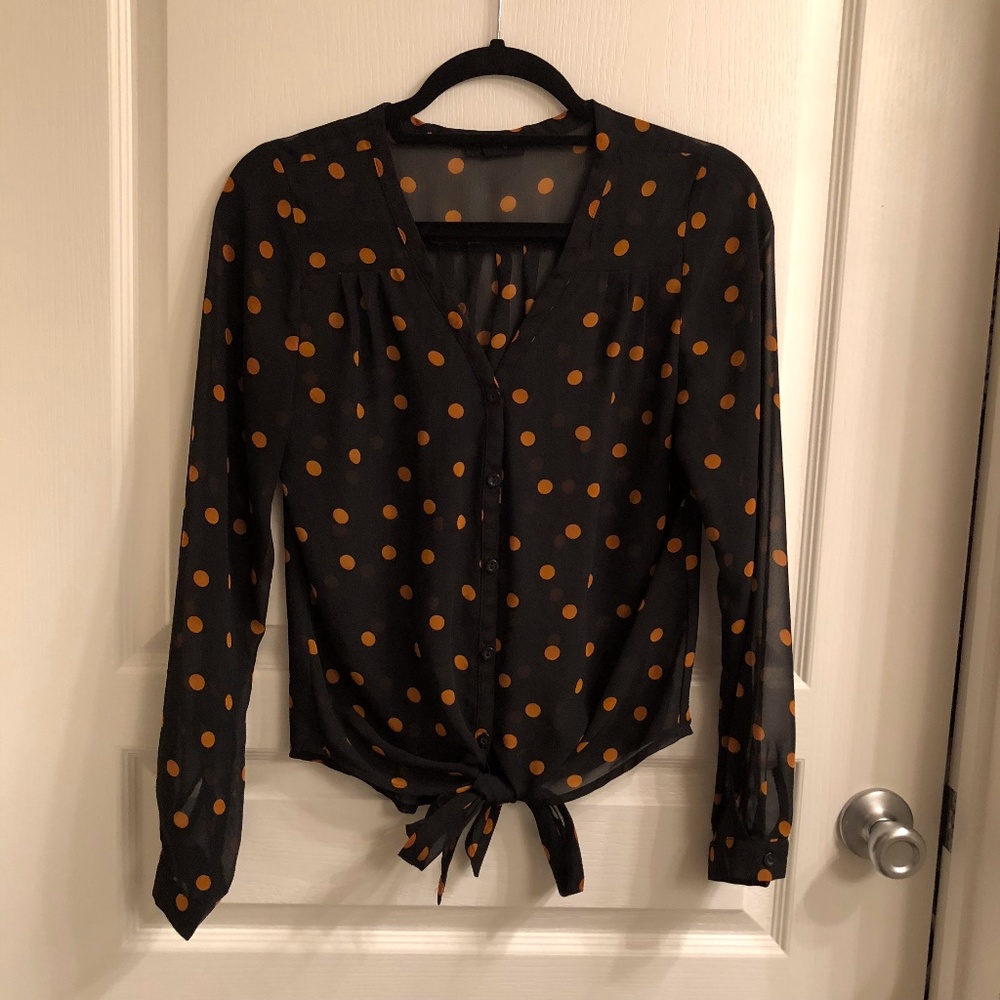 Black and orange sheer top with tie in front