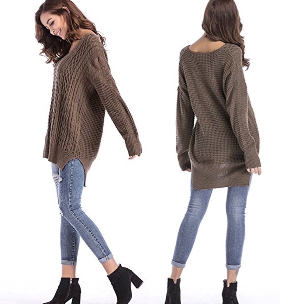 Mixed Knit High Low Side Slit V Neck Sweater Mocha - Picture 4 of 5