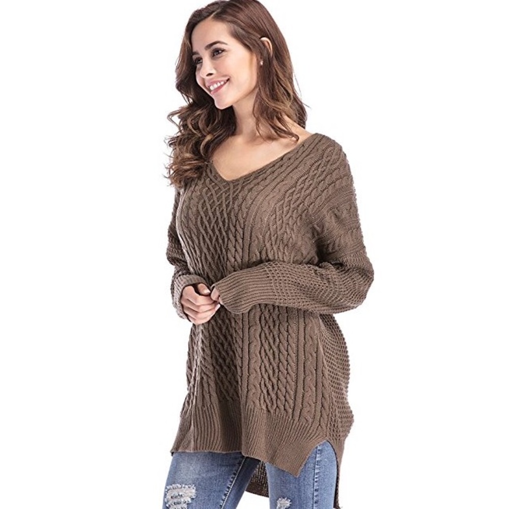 Mixed Knit High Low Side Slit V Neck Sweater Mocha - Picture 3 of 5