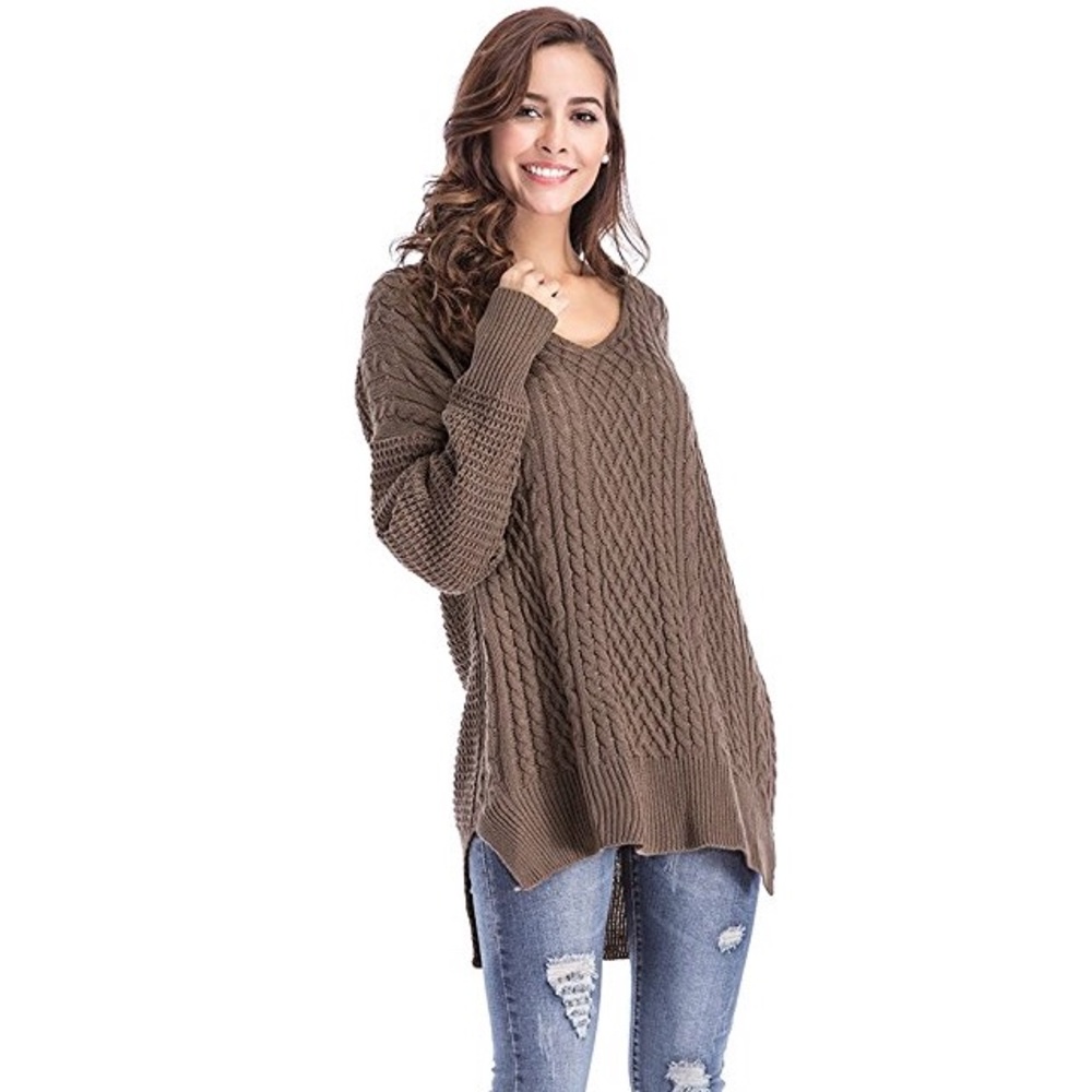 Mixed Knit High Low Side Slit V Neck Sweater Mocha - Picture 5 of 5