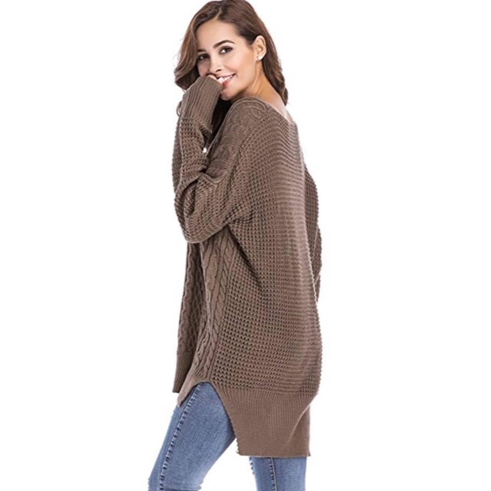 Mixed Knit High Low Side Slit V Neck Sweater Mocha - Picture 2 of 5